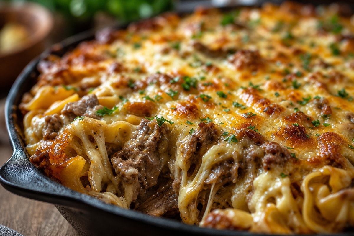 Cheesy Cheesy Philly Cheesesteak Skillet Bake recipe from Velvet Spoon Kitchen