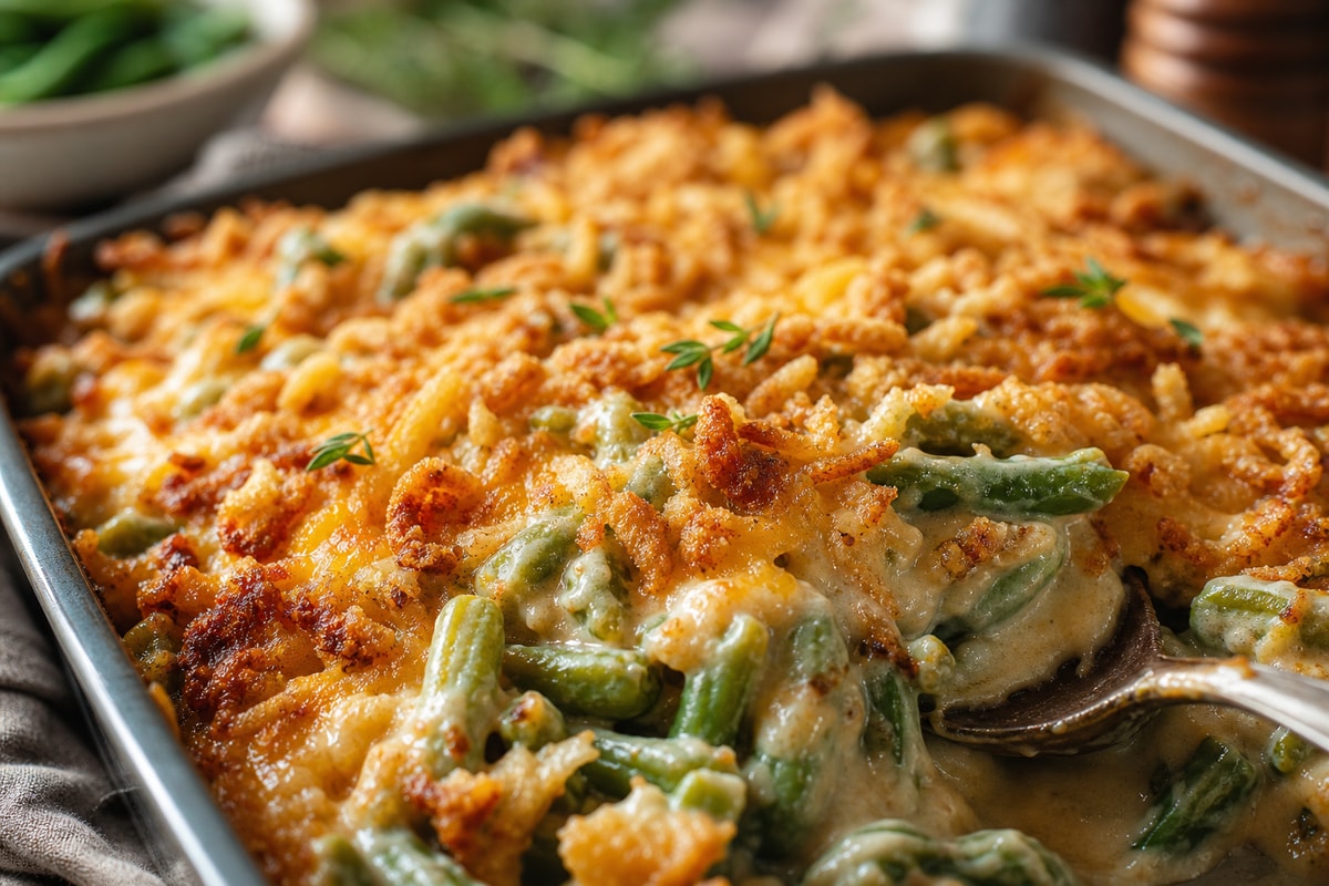 Creamy Cheesy Green Bean Casserole Tray recipe from Velvet Spoon Kitchen