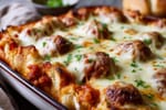 Cheesy Sunday Gravy Meatball Sub Bake recipe from Velvet Spoon Kitchen