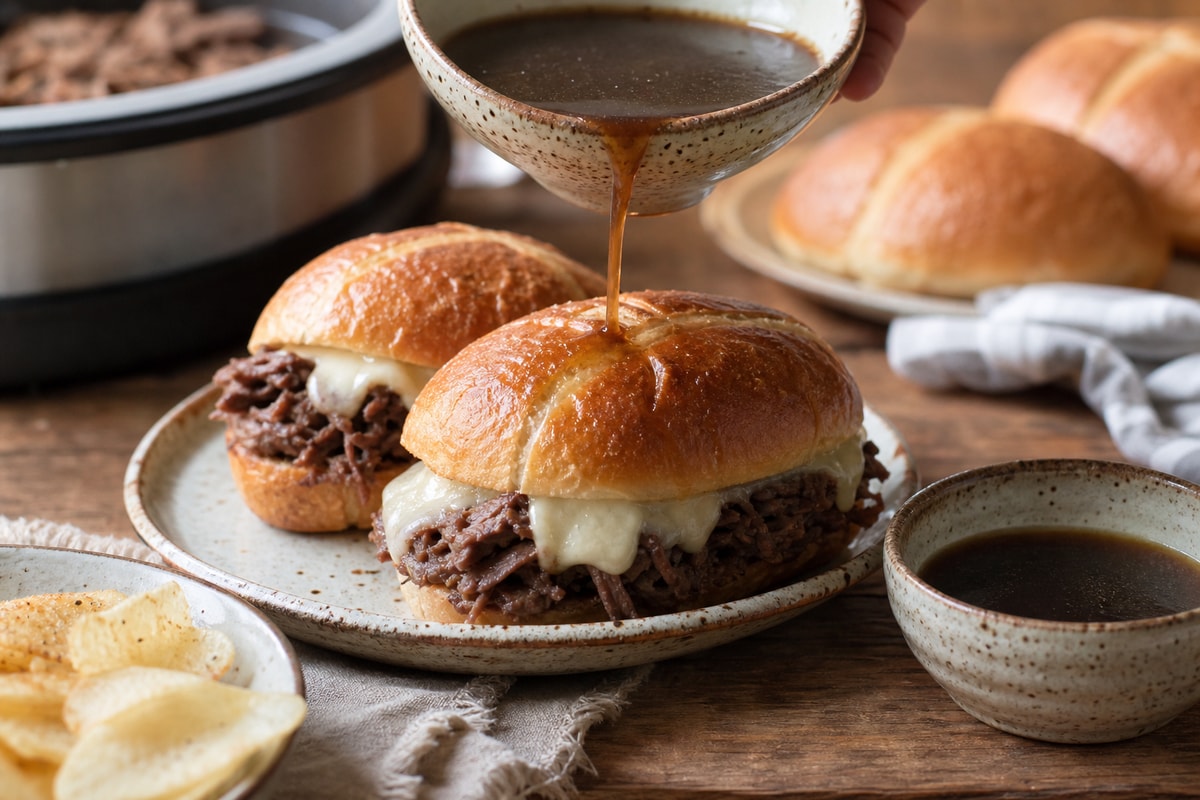 Slow-Simmer Slow Cooker French Dip Sandwiches recipe from Velvet Spoon Kitchen