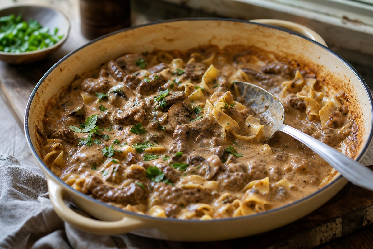 Homestyle Beef Stroganoff over Noodles recipe from Heritage Fork Suppers