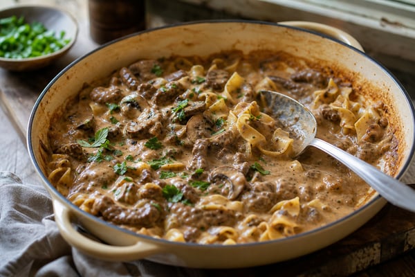 Homestyle Beef Stroganoff over Noodles recipe from Heritage Fork Suppers
