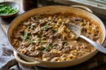 Homestyle Beef Stroganoff over Noodles recipe from Heritage Fork Suppers