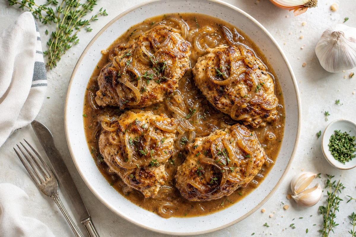 Buttery French Onion Salisbury Chicken recipe from Heritage Fork Suppers