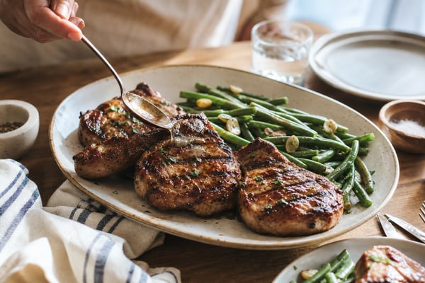 Homestyle Grilled Pork Chops with Garlic Green Beans recipe from Heritage Fork Suppers
