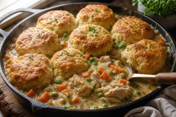 Homestyle Old-Fashioned Pot Pie with Biscuits recipe from Heritage Fork Suppers