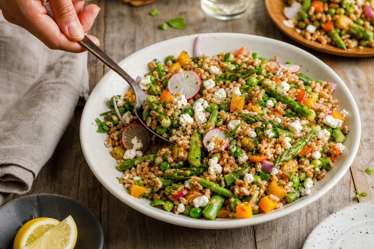 Glow Farro Primavera Salad recipe from Bright Balance Kitchen