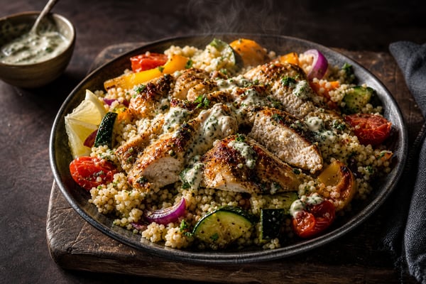 Glow Herb Roast Chicken Couscous Salad recipe from Bright Balance Kitchen