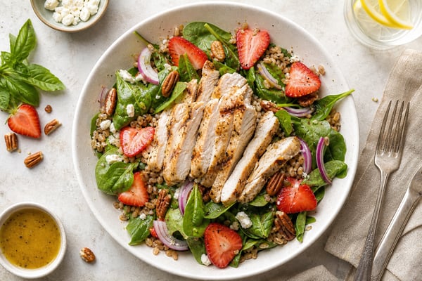 Rainbow Spinach Strawberry Chicken Salad recipe from Bright Balance Kitchen