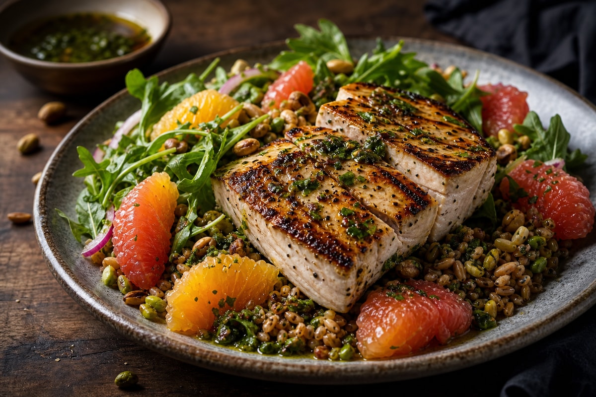 Nutrient-Dense Seared Swordfish Citrus Salad recipe from Bright Balance Kitchen