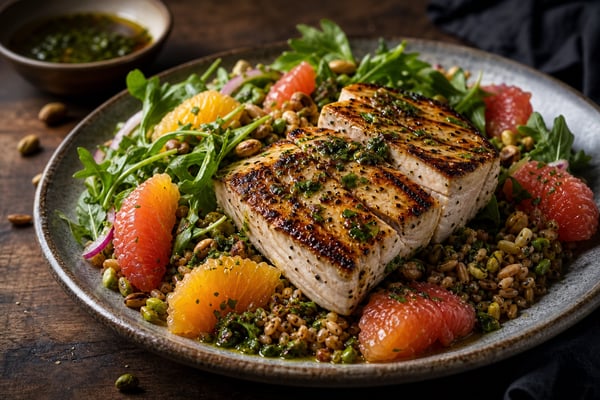 Nutrient-Dense Seared Swordfish Citrus Salad recipe from Bright Balance Kitchen