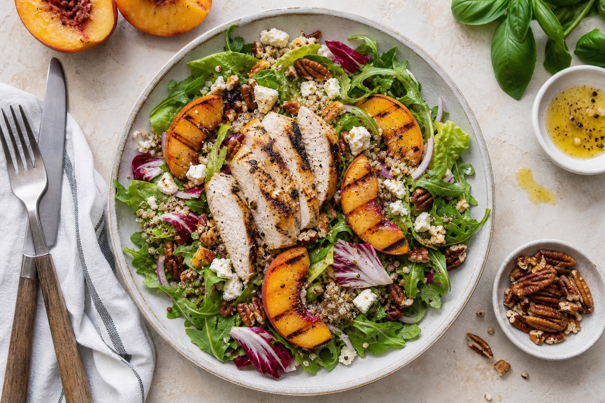 Glow Grilled Peach Chicken Salad recipe from Bright Balance Kitchen