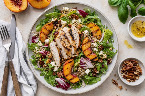 Glow Grilled Peach Chicken Salad recipe from Bright Balance Kitchen