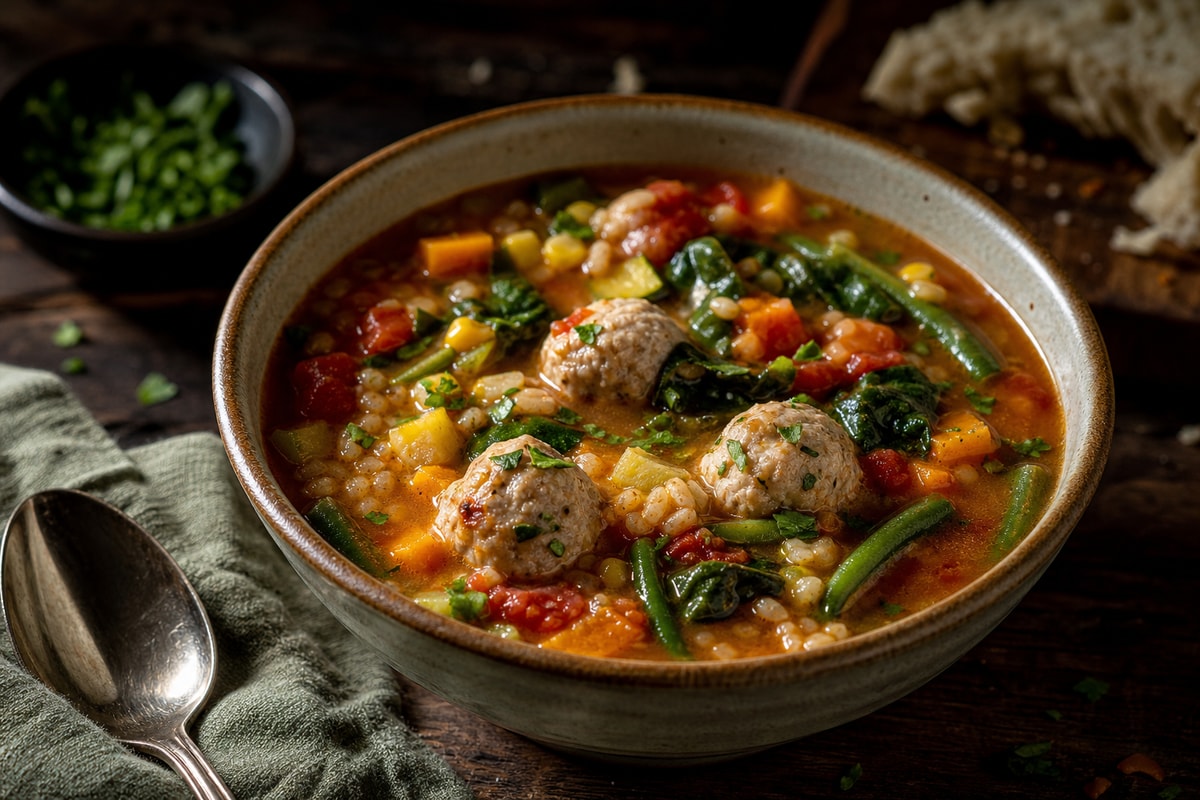 Rainbow Veggie Packed Turkey Meatball Soup recipe from Bright Balance Kitchen