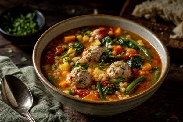 Rainbow Veggie Packed Turkey Meatball Soup recipe from Bright Balance Kitchen