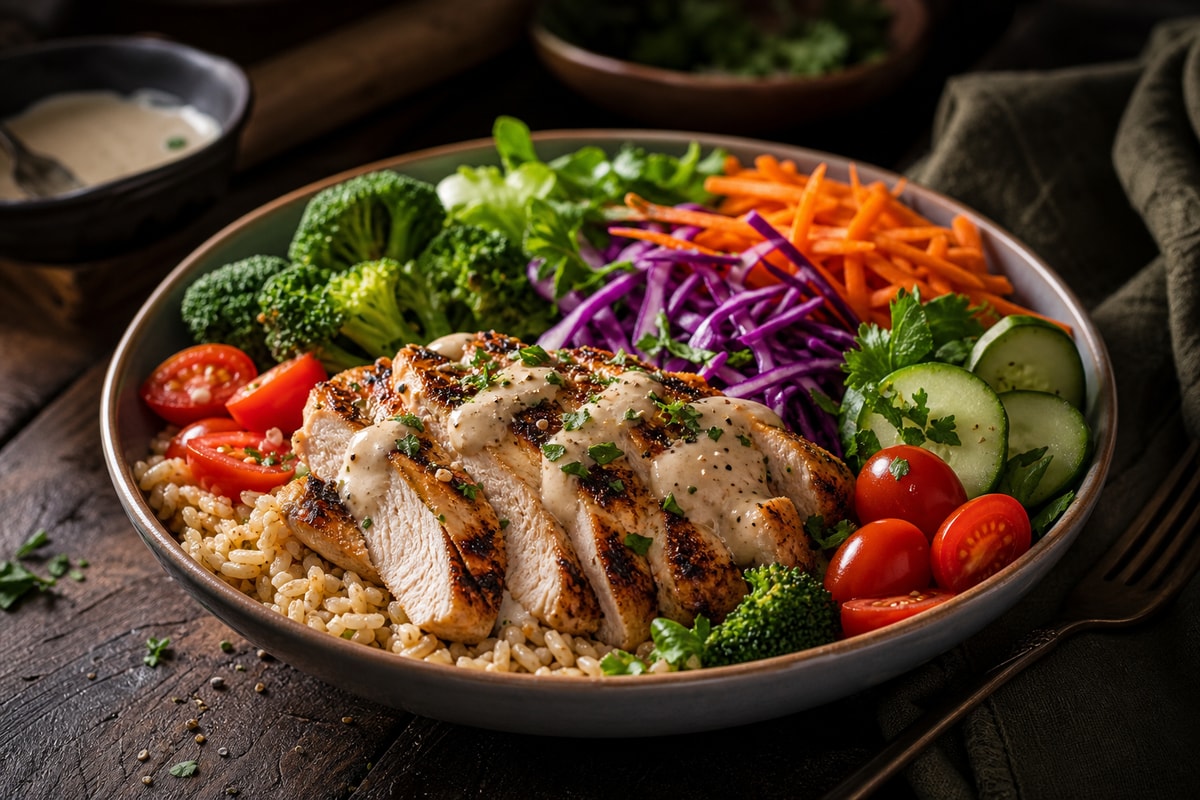 Garden Sunshine Chicken Brown Rice Bowls recipe from Bright Balance Kitchen