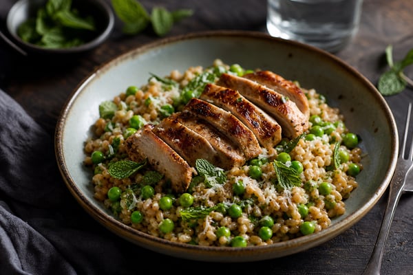 Market Spring Pea Mint Risotto Style Farro recipe from Bright Balance Kitchen