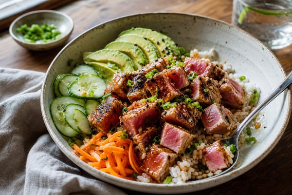 Grilled Tuna Poke Style Rice Bowls Grilled Tuna Poke Style Rice Bowls recipe from Macro Plate Co.