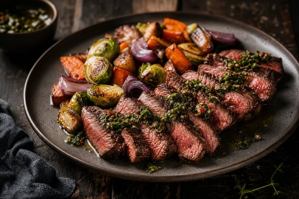 Seared Chimichurri Sirloin with Roasted Veg Seared Chimichurri Sirloin with Roasted Veg recipe from Macro Plate Co.