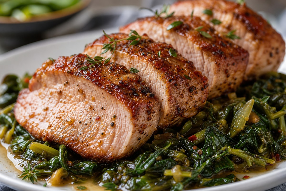 Seared Pork Tenderloin with Mustard Greens Seared Pork Tenderloin with Mustard Greens recipe from Macro Plate Co.