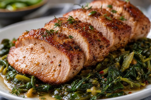 Seared Pork Tenderloin with Mustard Greens Seared Pork Tenderloin with Mustard Greens recipe from Macro Plate Co.