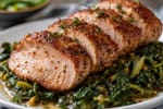 Seared Pork Tenderloin with Mustard Greens recipe from Macro Plate Co.