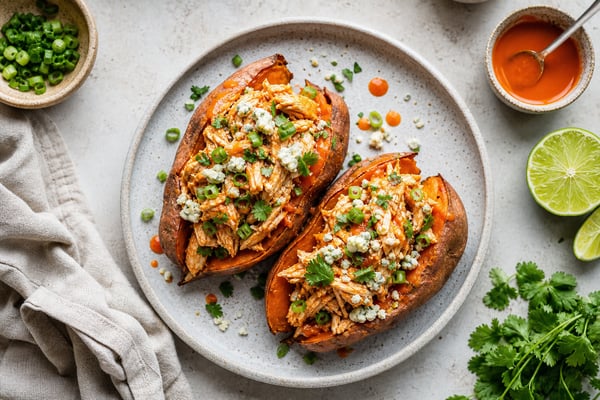 Power Buffalo Chicken Stuffed Sweet Potatoes Power Buffalo Chicken Stuffed Sweet Potatoes recipe from Macro Plate Co.