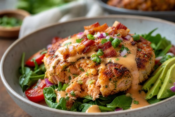 Loaded Salmon Patty Bowls With Greens Loaded Salmon Patty Bowls With Greens recipe from Macro Plate Co.