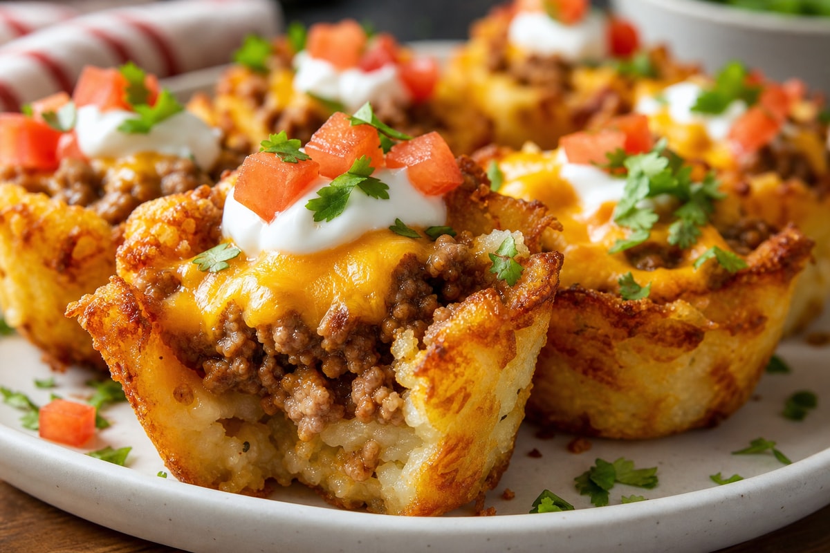Cheesy Turkey Taco Tater Tot Cups recipe from Little Fork Academy
