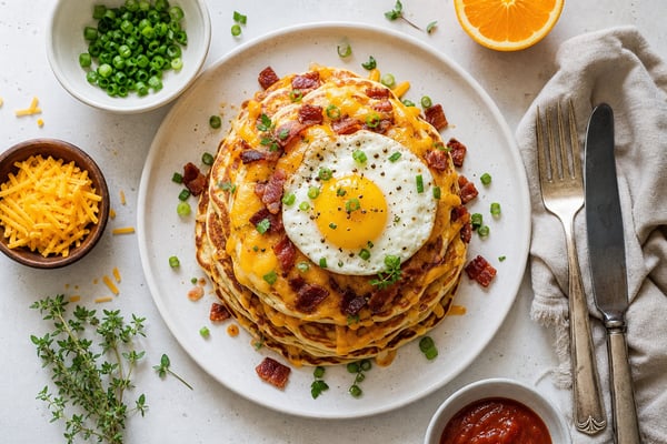 Cheesy Breakfast-for-Dinner Pancake Stacks Cheesy Breakfast-for-Dinner Pancake Stacks recipe from Little Fork Academy