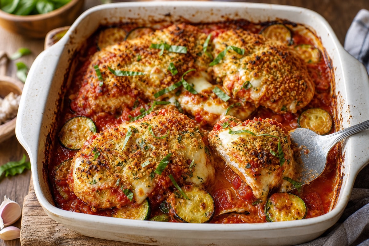 Keto-ish Low-Carb Chicken Parmesan Bake recipe from Carb Smart Table