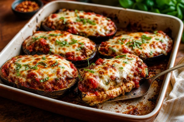 No-Bun Eggplant Pizza Boats recipe from Carb Smart Table