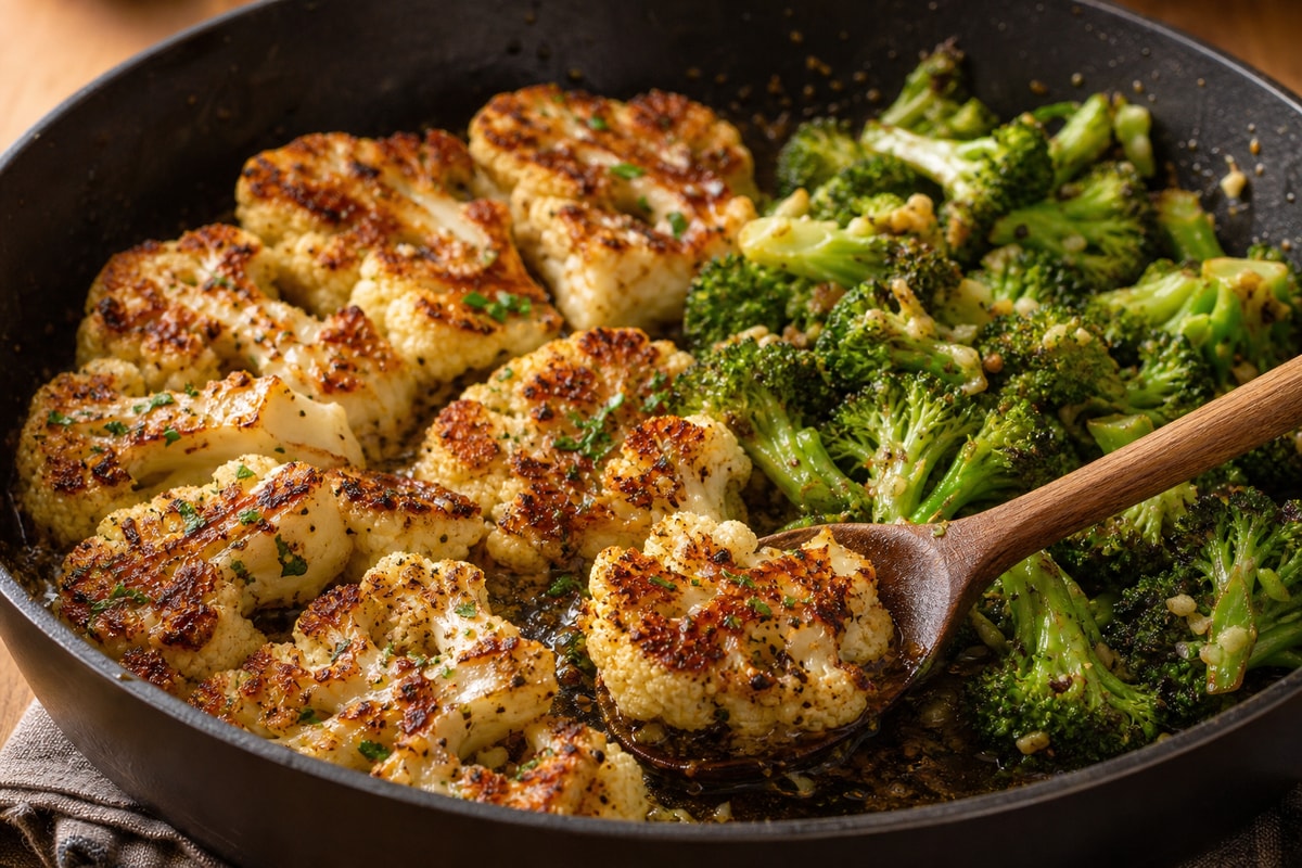 Cauliflower Steak Bites with Garlic Butter Broccoli recipe from Carb Smart Table