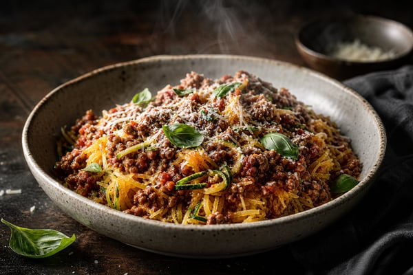 Zucchini Spaghetti Squash Bolognese recipe from Carb Smart Table