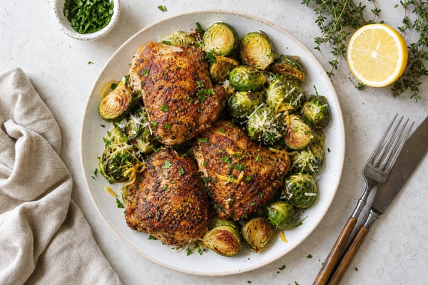 Keto-ish Crispy Chicken Thighs with Brussels recipe from Carb Smart Table