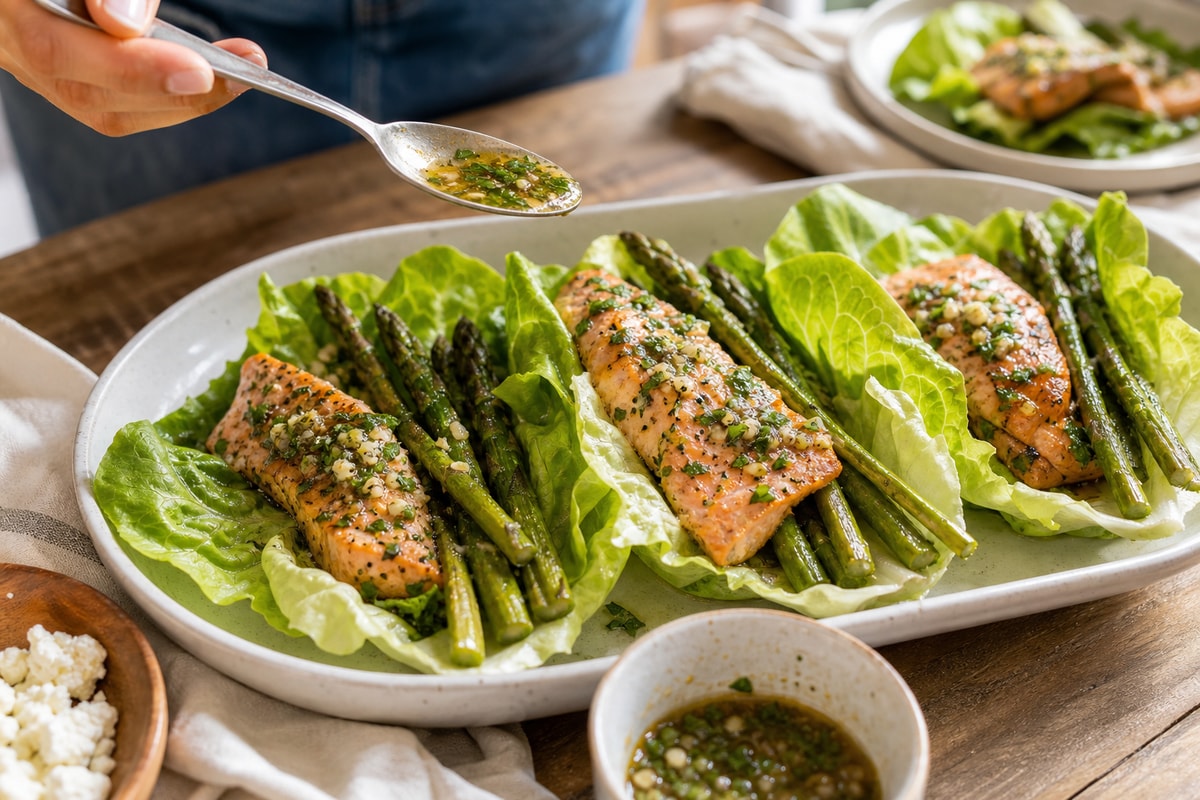 Lettuce-Wrapped Garlic Herb Salmon with Asparagus Lettuce-Wrapped Garlic Herb Salmon with Asparagus recipe from Carb Smart Table