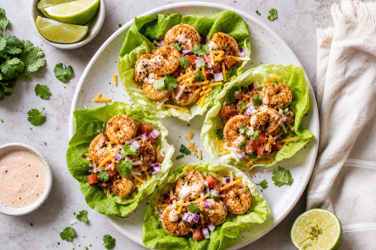 Keto-ish Shrimp Taco Lettuce Cups recipe from Carb Smart Table