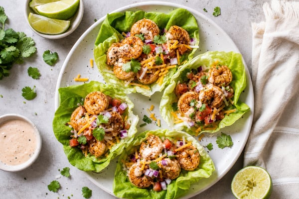 Keto-ish Shrimp Taco Lettuce Cups recipe from Carb Smart Table