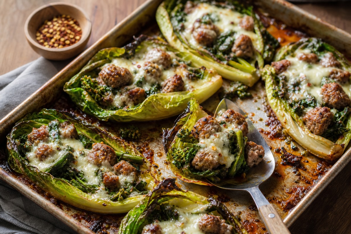 Lettuce-Wrapped Sausage and Rapini Tray Bake recipe from Carb Smart Table
