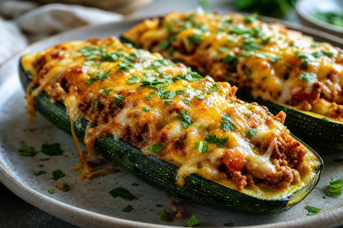 No-Bun Cheesy Taco Zucchini Boat Bake No-Bun Cheesy Taco Zucchini Boat Bake recipe from Carb Smart Table