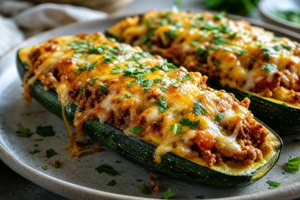 No-Bun Cheesy Taco Zucchini Boat Bake recipe from Carb Smart Table