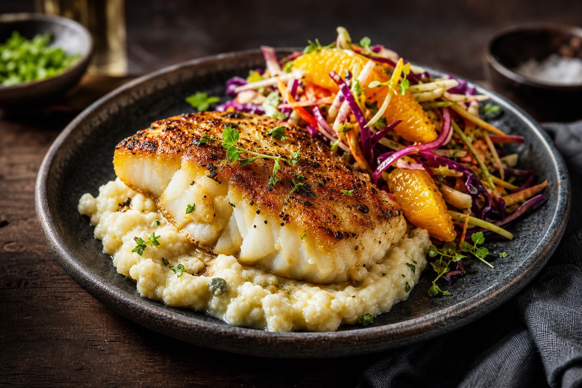 Cauliflower Pan-Seared Cod with Citrus Slaw Cauliflower Pan-Seared Cod with Citrus Slaw recipe from Carb Smart Table