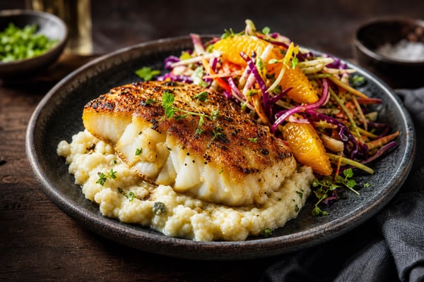 Cauliflower Pan-Seared Cod with Citrus Slaw recipe from Carb Smart Table