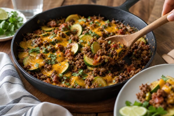 Zucchini Ground Beef Taco Skillet (No Tortilla) recipe from Carb Smart Table