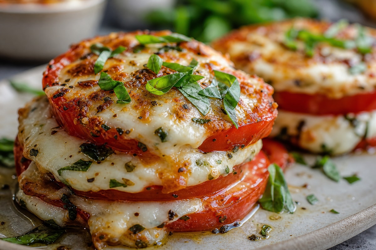 No-Bun Tomato Basil Mozzarella Stacks recipe from Carb Smart Table