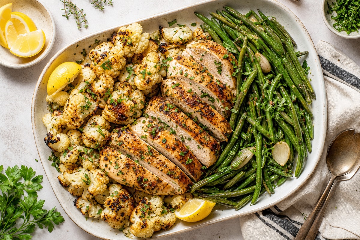 Cauliflower Herb Roast Chicken Tray with Green Beans recipe from Carb Smart Table