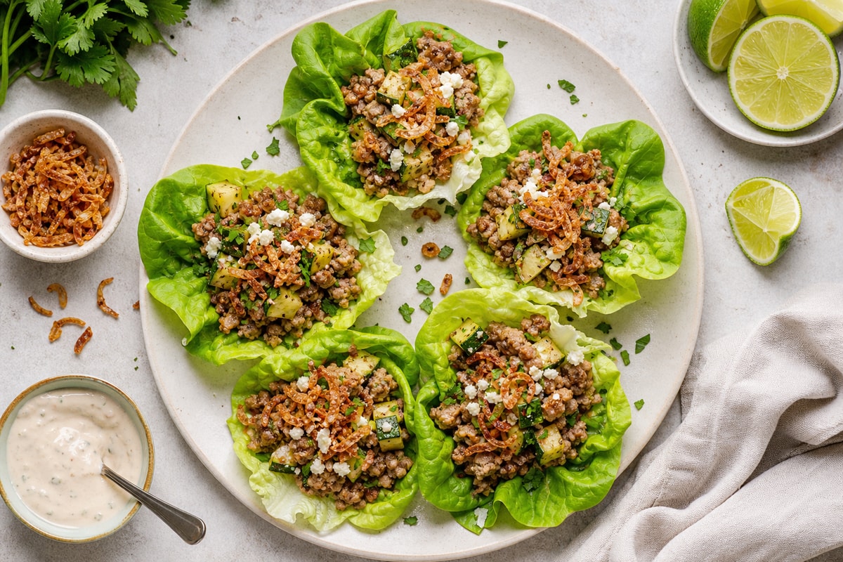 Zucchini Crispy Shallot Pork Lettuce Cups recipe from Carb Smart Table