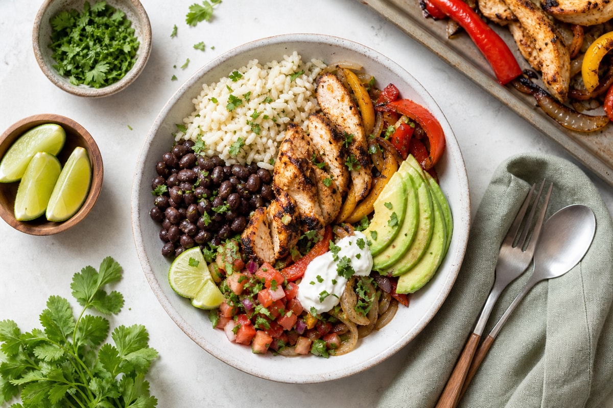 Tray Sheet-Pan Fajita Chicken Bowls recipe from Sunday Box Kitchen