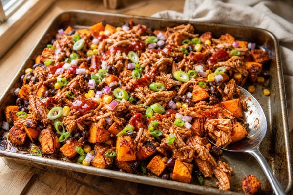 Tray BBQ Pulled Chicken Sweet Potato Bowls recipe from Sunday Box Kitchen