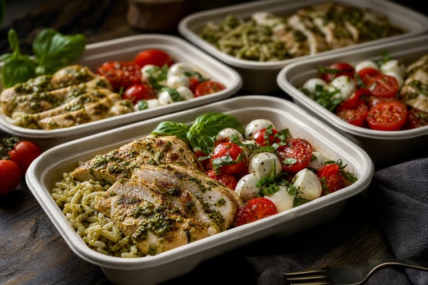 Grab-and-Go Caprese Chicken Pesto Rice Trays recipe from Sunday Box Kitchen